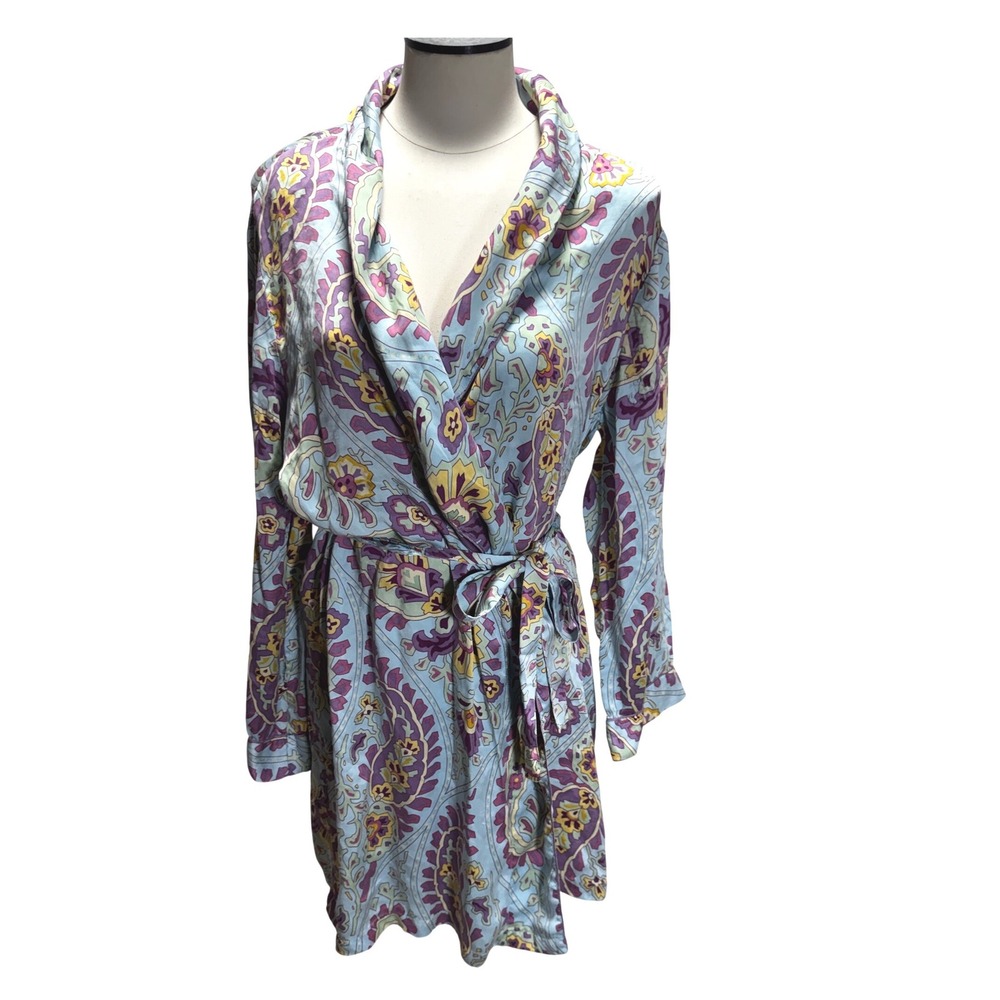 Nick & Nora Silk Robe Womens S/M Blue Paisley‎ Sleepwear Excellent Short Wrap